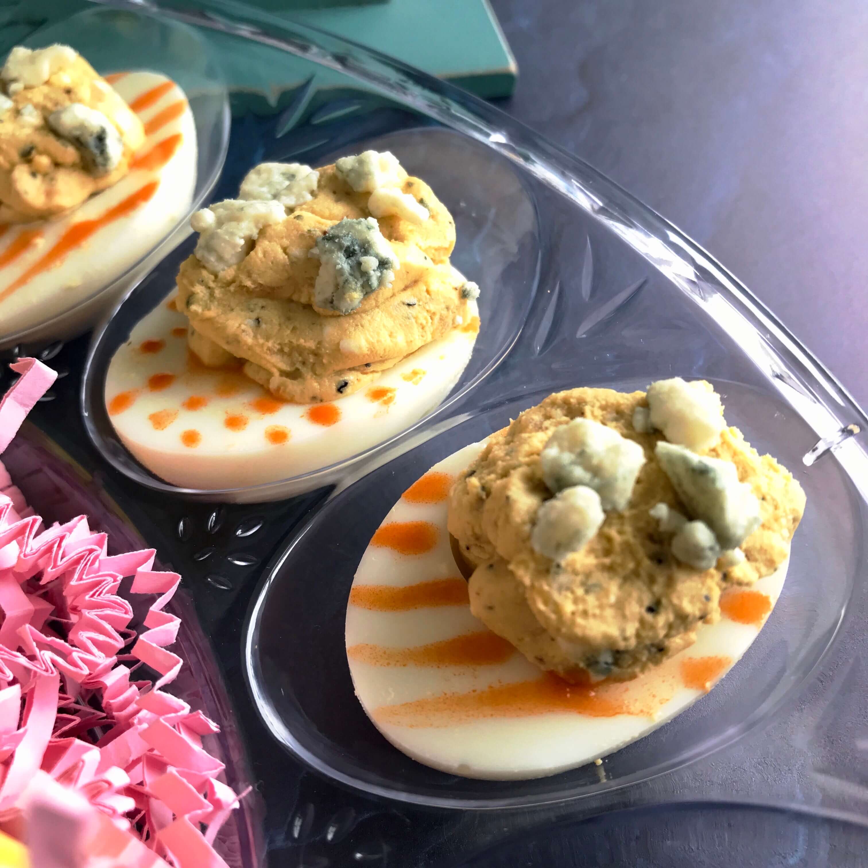 Buffalo Blue Cheese Deviled Eggs | Spicy Deviled Eggs Recipe | Easter Hardboiled Egg Leftovers | Nutrition Nuptials | Mandy Enright MS RDN RYT