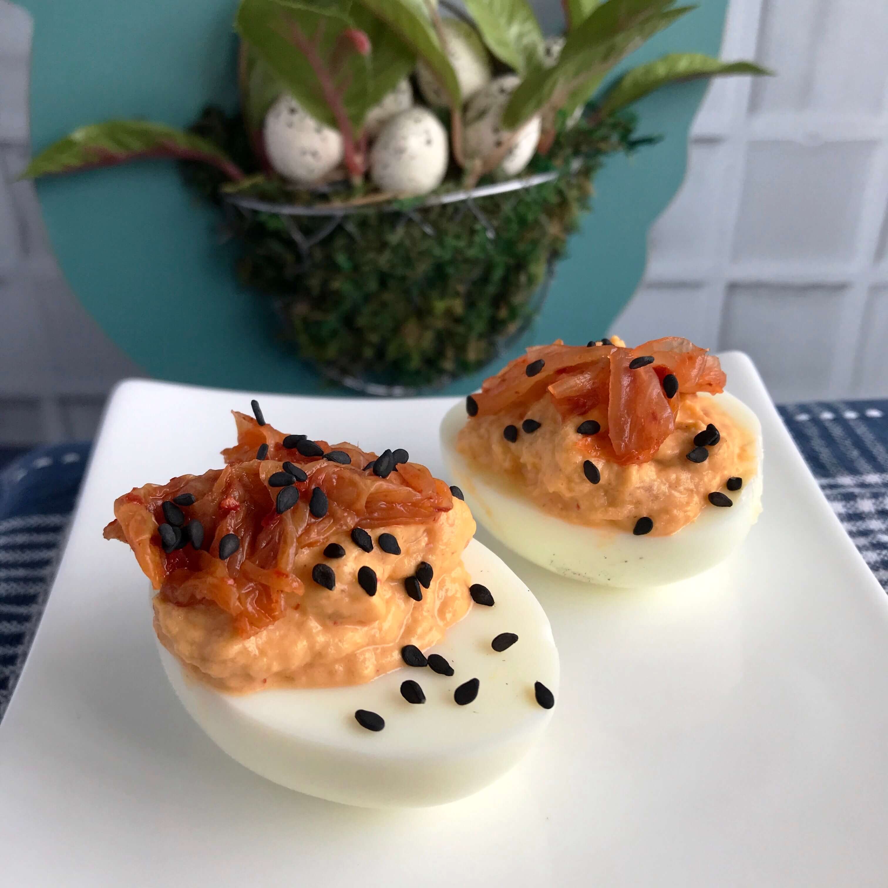 Spicy Kimchi Deviled Eggs | Spicy Deviled Eggs Recipe | Easter Hardboiled Egg Leftovers | Nutrition Nuptials | Mandy Enright MS RDN RYT