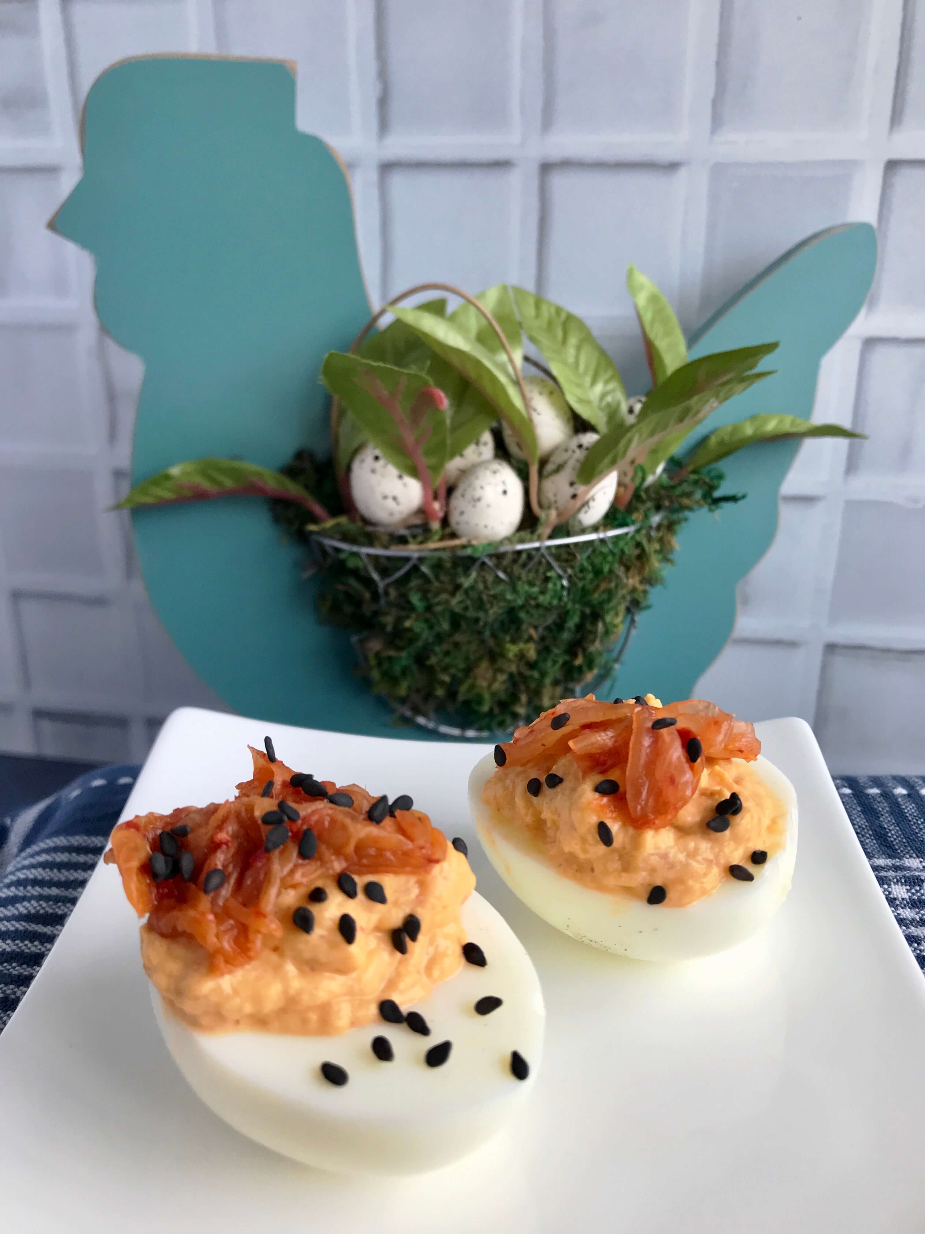 Spicy Kimchi Deviled Eggs | Spicy Deviled Eggs Recipe | Easter Hardboiled Egg Leftovers | Nutrition Nuptials | Mandy Enright MS RDN RYT