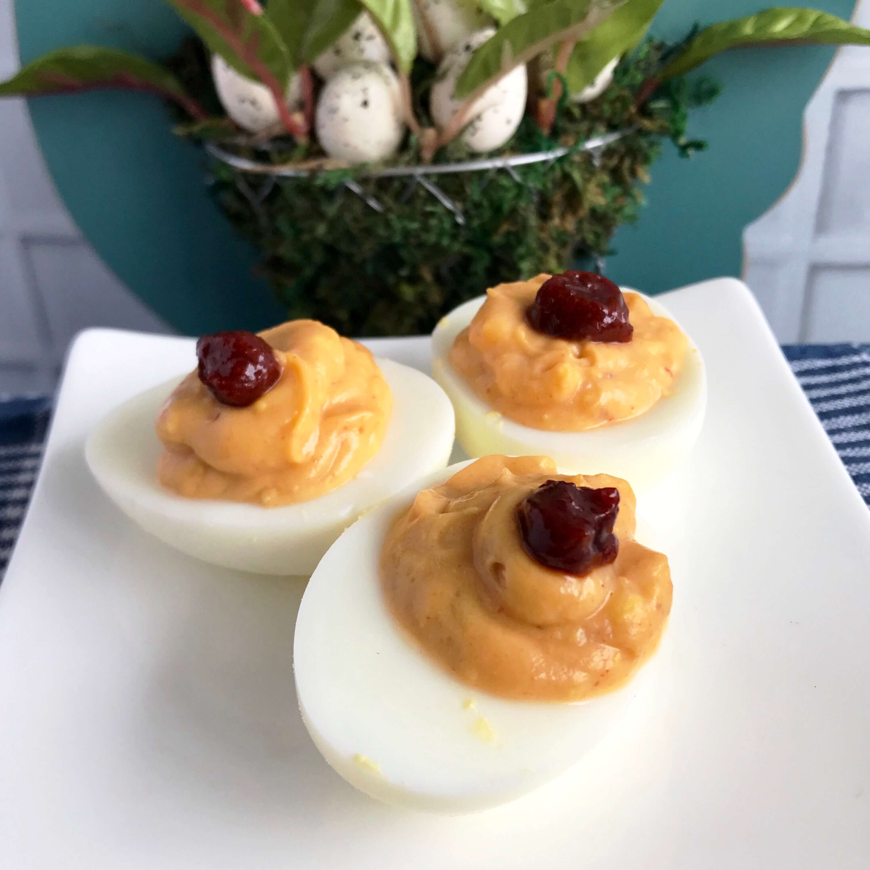 Sweet & Spicy Thai Chili Deviled Eggs with Gochujang | Spicy Deviled Eggs Recipe | Easter Hardboiled Egg Leftovers | Nutrition Nuptials | Mandy Enright MS RDN RYT
